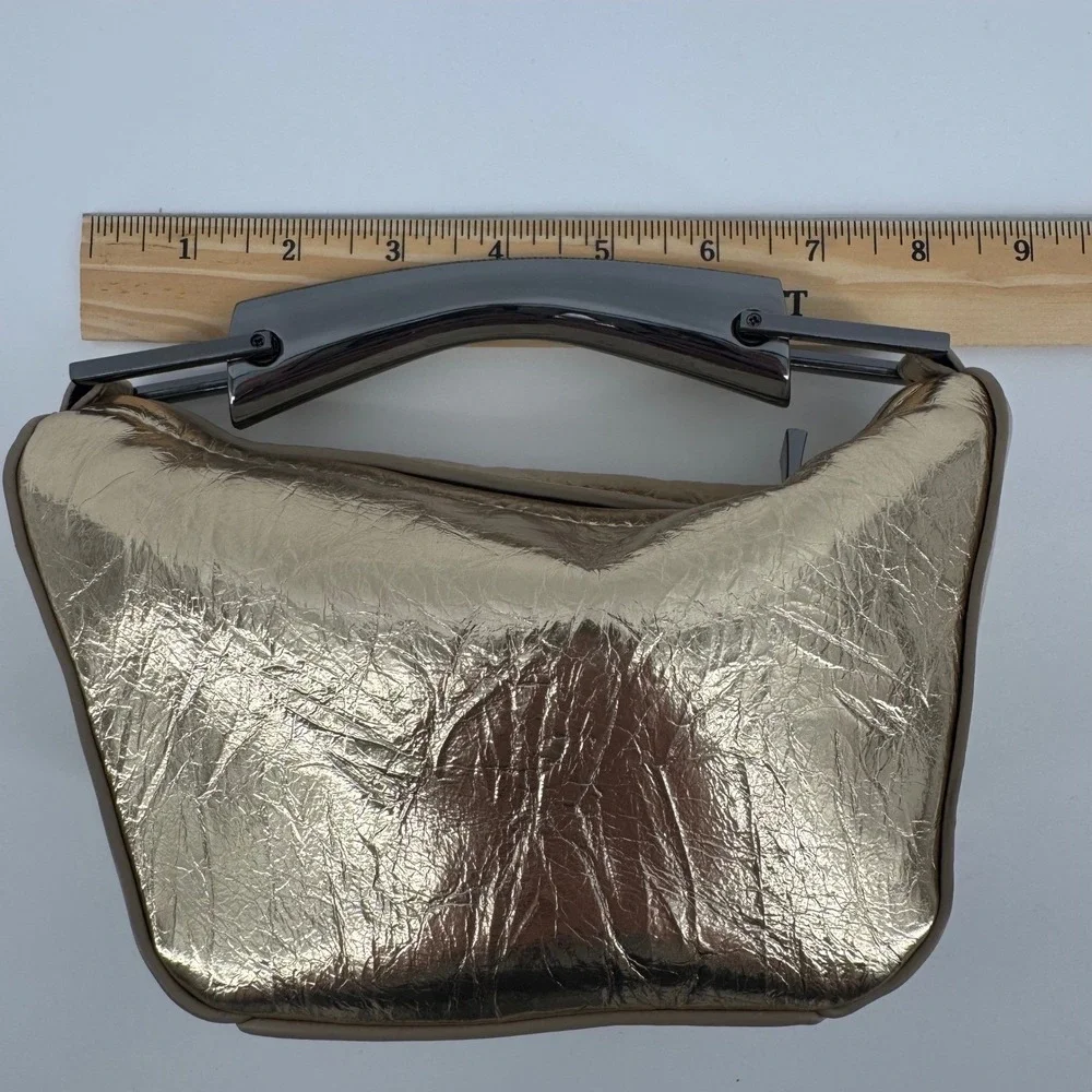 Zara Mini Bucket Handbag Womens Small Gold Metallic Crinkled Hobo Metal Handle - Picture 3 of 8